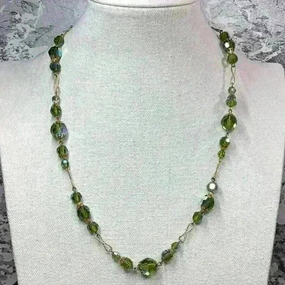 Vintage Gold and Green Glass AB Faceted Glass Bead Necklace - Picture 1 of 2